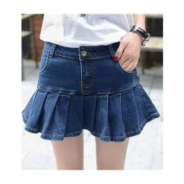 Dqbeng Women's A-Line Denim Mini Skirt Y2K Ruffle Flared Pleated Skirts with Shorts (Blue-S)