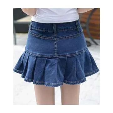 Dqbeng Women's A-Line Denim Mini Skirt Y2K Ruffle Flared Pleated Skirts with Shorts (Blue-S)