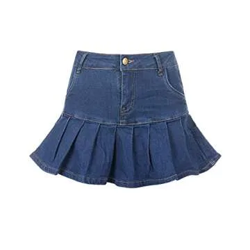 Dqbeng Women's A-Line Denim Mini Skirt Y2K Ruffle Flared Pleated Skirts with Shorts (Blue-S)