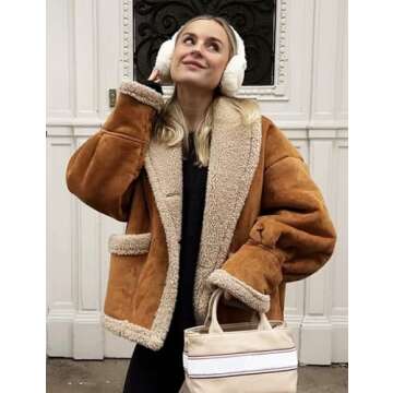 Flygo Women's Winter Faux Suede Jacket Sherpa Lined Jacket Button Down Lapel Fleece Jacket Winter Coats with Pockets(Camel-L)