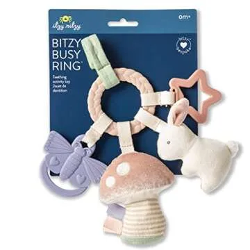Itzy Ritzy Teething Activity Toy - Bitzy Busy Ring Infant Teething Toy Features Braided Ring & Dangling Toys, Includes Teether, Textured Ribbons, Crinkle Sound & Jingle Bell - 0 Months & Up (Bunny)