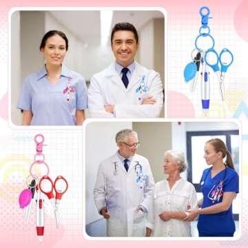 PerKoop 10 Pcs Nurse Badge Accessories Nurse Pen Set Include Permanent Marker Pen, Retractable Ball Pen, Nursing Keychain Clip, Foldable Scissor with LED Flashlight Keychain for Nurses(Pink, Blue)