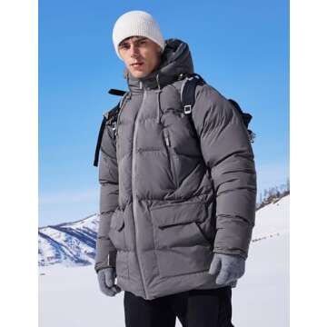 Rejork Men's Long Winter Coat Hooded Warm Quilted Jacket Water-resistant Cold Weather Parka Grey 2XL