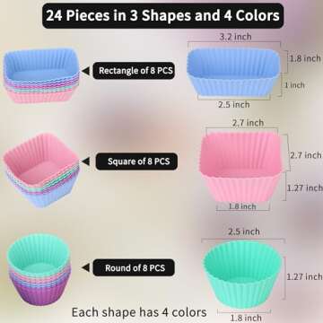 24 pcs Silicone Cupcake Baking Cups Dulinkas Reusable Cupcake Liners Non-Stick Baking Muffin Liners Mold Pastry Cake Molds 3 Shapes Multicolor for Lunch Box Dividers