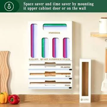 Calmbee Storage Bag Organizer, Foil and plastic wrap organizer with cutter, Kitchen Organizers and Storage Compatible with Gallon, Quart, Sandwich, Snack Bags and 12" Aluminum Foil & Wax Paper,White