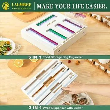 Calmbee Storage Bag Organizer, Foil and plastic wrap organizer with cutter, Kitchen Organizers and Storage Compatible with Gallon, Quart, Sandwich, Snack Bags and 12" Aluminum Foil & Wax Paper,White