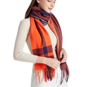 Wander Agio Women's Long Plaid Scarf in Dark Orange