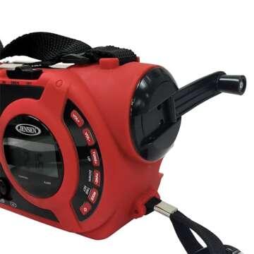 JENSEN JEP-650 Portable Digital AM/FM Weather Radio with Weather Alert, Flashlight, and 4-Way Charging, Red, JEP-650