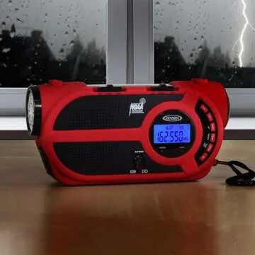 JENSEN JEP-650 Portable Digital AM/FM Weather Radio with Weather Alert, Flashlight, and 4-Way Charging, Red, JEP-650