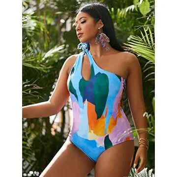 Floerns Women's Plus Size Colorblock Cut Out One Shoulder One Piece Swimsuit Blue 0XL