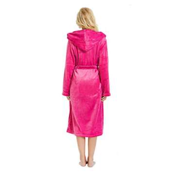 HEARTNICE Womens Hooded Fleece Robe, Soft Plush Bathrobe for Womens, Fluffy Cute Long House Coat (Rose Hooded, L/XL)