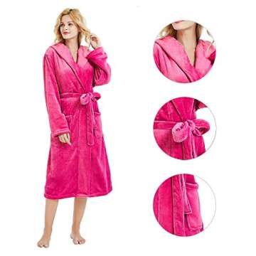 HEARTNICE Womens Hooded Fleece Robe, Soft Plush Bathrobe for Womens, Fluffy Cute Long House Coat (Rose Hooded, L/XL)