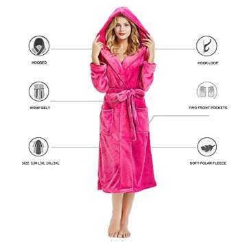 HEARTNICE Womens Hooded Fleece Robe, Soft Plush Bathrobe for Womens, Fluffy Cute Long House Coat (Rose Hooded, L/XL)