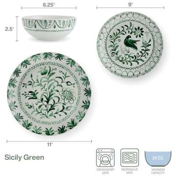 Fitz and Floyd Sicily Green 12 Piece Dinnerware Plate Bowl Set, Service for 4