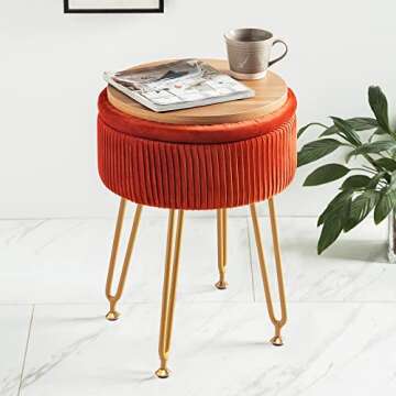 Velvet Storage Ottoman Foot Rest, Upholstered Pleated Round Footrest Vanity Stool with Metal Legs, Coffee Table Top Cover, Modern Accent Stools,Makeup Footstool, Suitable for Living Room and Bedroom
