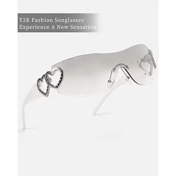 FIMILU Y2K Sunglasses for Women Wrap Around Futuristic Sunglasses Heart Decor Rimless Glasses Shield with UV400 Protection