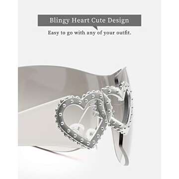 FIMILU Y2K Sunglasses for Women Wrap Around Futuristic Sunglasses Heart Decor Rimless Glasses Shield with UV400 Protection