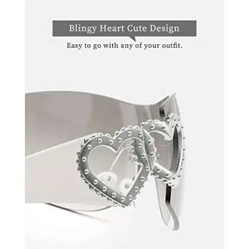 FIMILU Y2K Sunglasses for Women Wrap Around Futuristic Sunglasses Heart Decor Rimless Glasses Shield with UV400 Protection