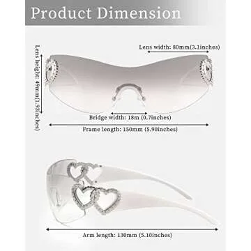 FIMILU Y2K Sunglasses for Women Wrap Around Futuristic Sunglasses Heart Decor Rimless Glasses Shield with UV400 Protection