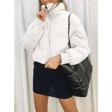 MEROKEETY Women's Winter Cropped Puffer Jacket Long Sleeve Oversized Stand Collar Zip-Up Short Coat