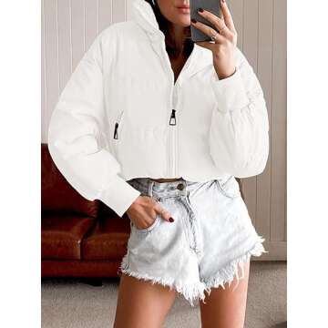 MEROKEETY Women's Winter Cropped Puffer Jacket Long Sleeve Oversized Stand Collar Zip-Up Short Coat