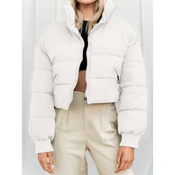 MEROKEETY Women's Winter Cropped Puffer Jacket Long Sleeve Oversized Stand Collar Zip-Up Short Coat