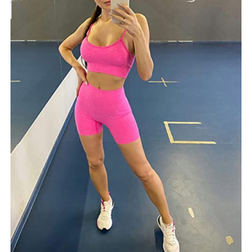 IWEMEK Workout Sets for Women 3 Piece Seamless High Wasit Yoga Legging Shorts with Sport Bra and Compression Shirt Crop Top Sets Sport Suits Fitness Athletic Tracksuits 3pcs-hot pink Small