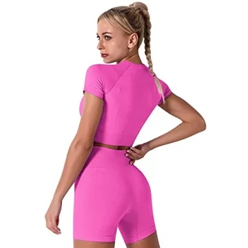 IWEMEK Workout Sets for Women 3 Piece Seamless High Wasit Yoga Legging Shorts with Sport Bra and Compression Shirt Crop Top Sets Sport Suits Fitness Athletic Tracksuits 3pcs-hot pink Small
