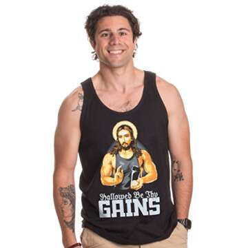 Ann Arbor T-shirt Co. Hallowed Be Thy Gains | Funny Muscle Jesus Weight Lifting Workout Humor Tank Top - Black, Large