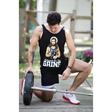 Ann Arbor T-shirt Co. Hallowed Be Thy Gains | Funny Muscle Jesus Weight Lifting Workout Humor Tank Top - Black, Large