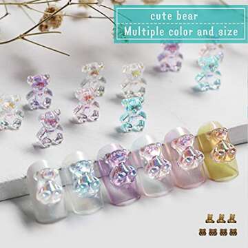48pcs Nail Bear- 3D Nail Charms for Acrylic Nails- Gummy Bear Nail Charms Nail Decoration Kits for Jewelry Making Nail Art Design DIY Handmade Crafting (3 Sizes, 8 Colors)