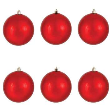 Vickerman 4" Red Shiny Ball Christmas Ornament, Shatterproof UV Resistant Plastic, Set of 6 for Christmas Tree Decor - Floral Wire for Reliable Hanging.