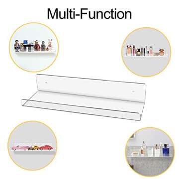 JUOIFIP Clear Acrylic Floating Shelves 2 Pack, 15” Modern Acrylic Picture Display Shelves, Wall Mounted Storage Shelf for Home, Kitchen,Office, Invisible Kids Bookshelf Spice Rack