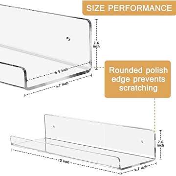 JUOIFIP Clear Acrylic Floating Shelves 2 Pack, 15” Modern Acrylic Picture Display Shelves, Wall Mounted Storage Shelf for Home, Kitchen,Office, Invisible Kids Bookshelf Spice Rack