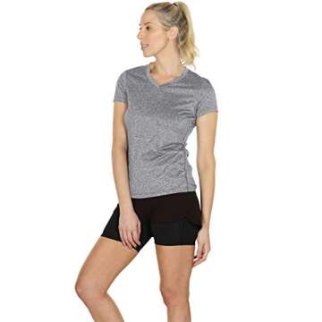icyzone Workout Shirts Yoga Tops Activewear V-Neck T-Shirts for Women Running Fitness Sports Short Sleeve Tees (S, Black/Granite/Blue)