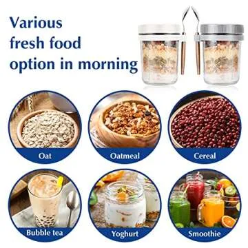 Xigugo Overnight Oats Jars, Overnight Oats Container with Lid and Spoon, 16 oz Cereal, Milk, Vegetable and fruit Salad Storage Container with Measurement Marks (green and blue)