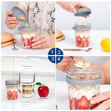 Xigugo Overnight Oats Jars, Overnight Oats Container with Lid and Spoon, 16 oz Cereal, Milk, Vegetable and fruit Salad Storage Container with Measurement Marks (green and blue)