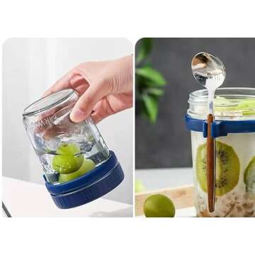 Xigugo Overnight Oats Jars, Overnight Oats Container with Lid and Spoon, 16 oz Cereal, Milk, Vegetable and fruit Salad Storage Container with Measurement Marks (green and blue)