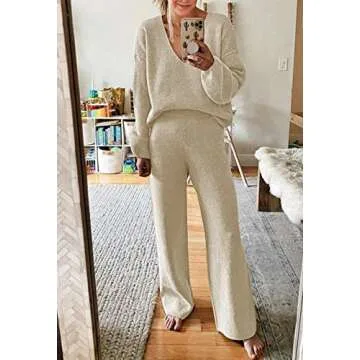 AOHITE Womens 2 Piece Outfits Casual V-neck Knit Pullover Sweater Wide Leg Pants Sleepwear Loungewear Set Apricot Large