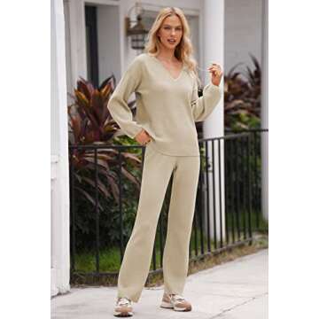 AOHITE Womens 2 Piece Outfits Casual V-neck Knit Pullover Sweater Wide Leg Pants Sleepwear Loungewear Set Apricot Large