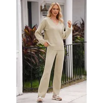 AOHITE Womens 2 Piece Outfits Casual V-neck Knit Pullover Sweater Wide Leg Pants Sleepwear Loungewear Set Apricot Large