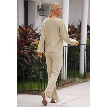 AOHITE Womens 2 Piece Outfits Casual V-neck Knit Pullover Sweater Wide Leg Pants Sleepwear Loungewear Set Apricot Large