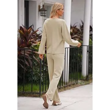 AOHITE Womens 2 Piece Outfits Casual V-neck Knit Pullover Sweater Wide Leg Pants Sleepwear Loungewear Set Apricot Large