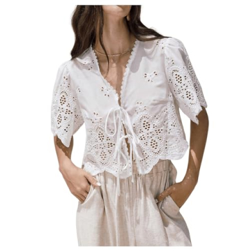 SOLY HUX Women's Hollow Tie Front Crop Tops Ruffle Short Sleeve V Neck Summer Blouse Shirts Plain White Large