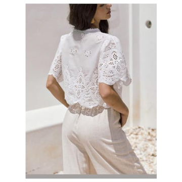 SOLY HUX Women's Hollow Tie Front Crop Tops Ruffle Short Sleeve V Neck Summer Blouse Shirts Plain White Large