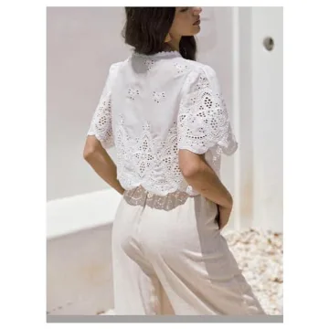 SOLY HUX Women's Hollow Tie Front Crop Tops Ruffle Short Sleeve V Neck Summer Blouse Shirts Plain White Large