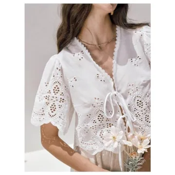 SOLY HUX Women's Hollow Tie Front Crop Tops Ruffle Short Sleeve V Neck Summer Blouse Shirts Plain White Large