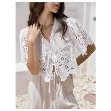 SOLY HUX Women's Hollow Tie Front Crop Tops Ruffle Short Sleeve V Neck Summer Blouse Shirts Plain White Large