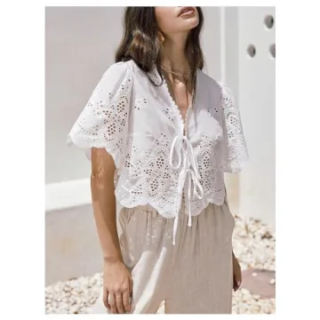 SOLY HUX Women's Hollow Tie Front Crop Tops Ruffle Short Sleeve V Neck Summer Blouse Shirts Plain White Large