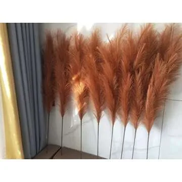 Faux Caramel Brown Pampas Grass Decor Tall , 8pcs 43.3" Large Pompas Floral, Fluffy Artificial Fake Long Feather Flowers for Boho Wedding Bedroom Living Room Decor(Burnt Orange Brown)